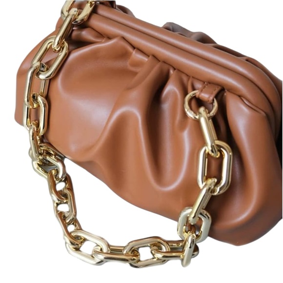 Ruched Gold Chain Brown Faux Leather Bag Clutch Closure Shoulder Bag Classic Bag - Picture 2 of 8